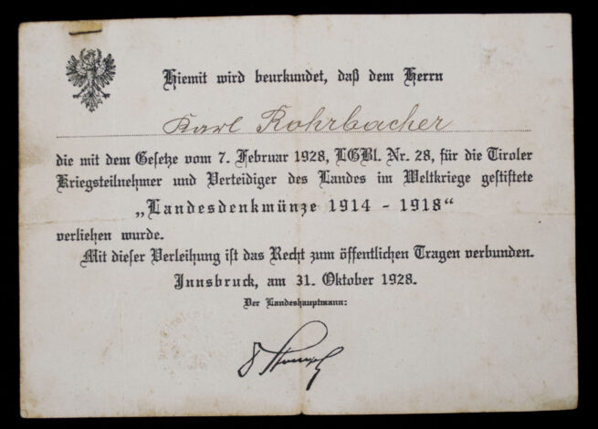 (Citation-Urkunde) Ehrenkreuz für Kriegsteilnehmer + Tiroler Landesdenkmünze 1914-1918
