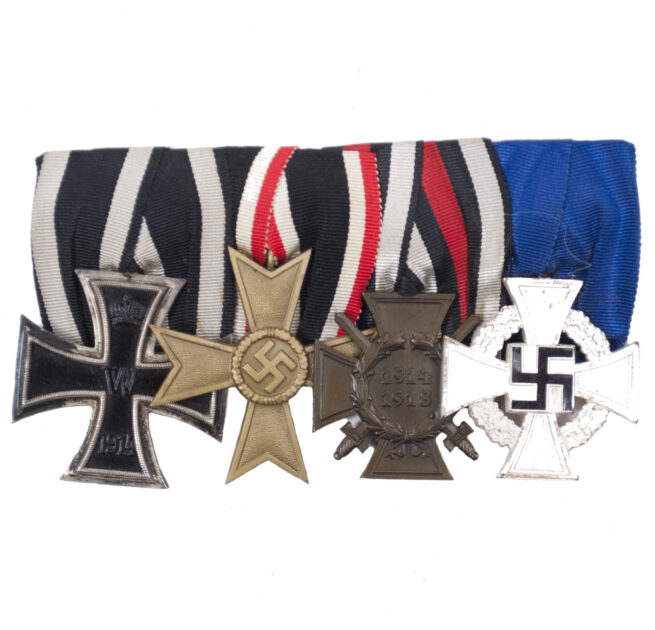 German WWII medalbar with WWI Iron Cross second class, War Merit cross without swords, Frontkämpfer Ehrenkreuz, Treue Dienst 25 Jahre,