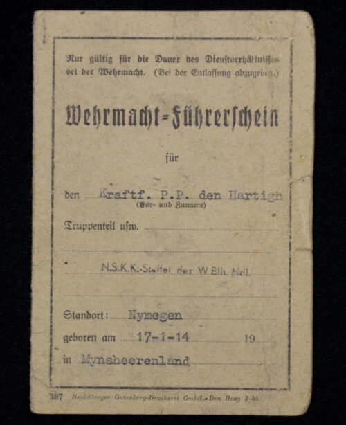 Personal-Ausweis NSKK.-Staffel des Wehrmachtsbefehlhabers in den Niederlanden + Wehrmacht-Führerschein (1944)