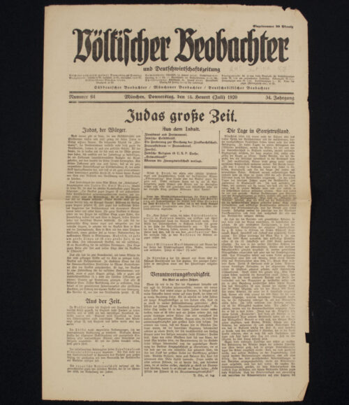 (Newspaper) Völkischer Beobachter - München 8. Juli (1920). Very rare and early Völkischer Beobachter edition from 1920. Hard to find. In typical old newspaper condition. Background: https://www.jstor.org/stable/4545584