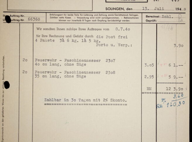 E. F. Hörster Solingen Fabrik Blanker Waffen Feuerwehr Faschinenmesser order form (1940)