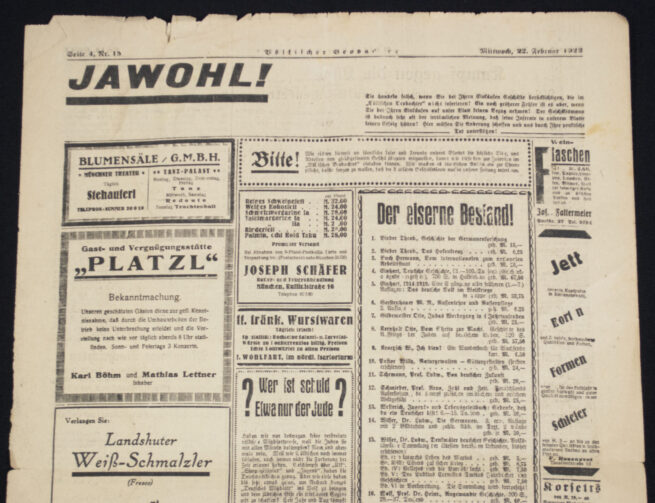 (Newspaper) Völkischer Beobachter – München 22. Februar (1922) – RARE