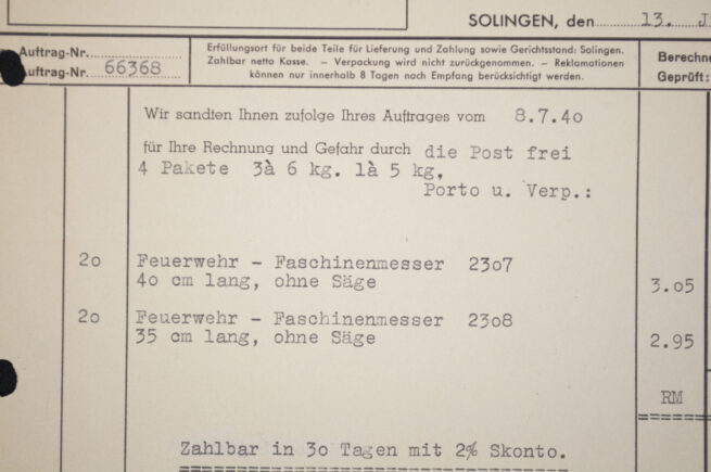 E. F. Hörster Solingen Fabrik Blanker Waffen Feuerwehr Faschinenmesser order form (1940)