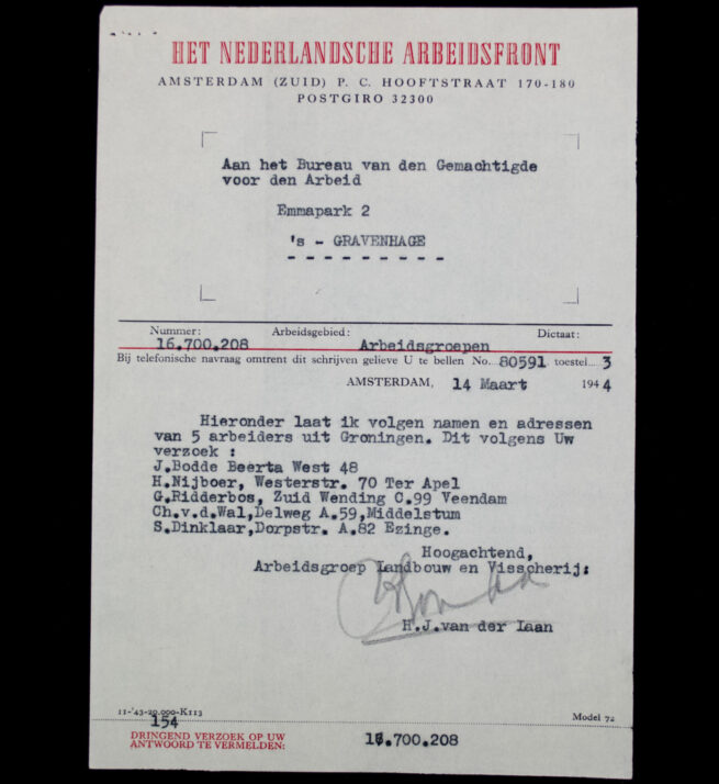 (NSB) Het Nederlandsche Arbeidsfront (NAF) letter (1944) - Groningen related