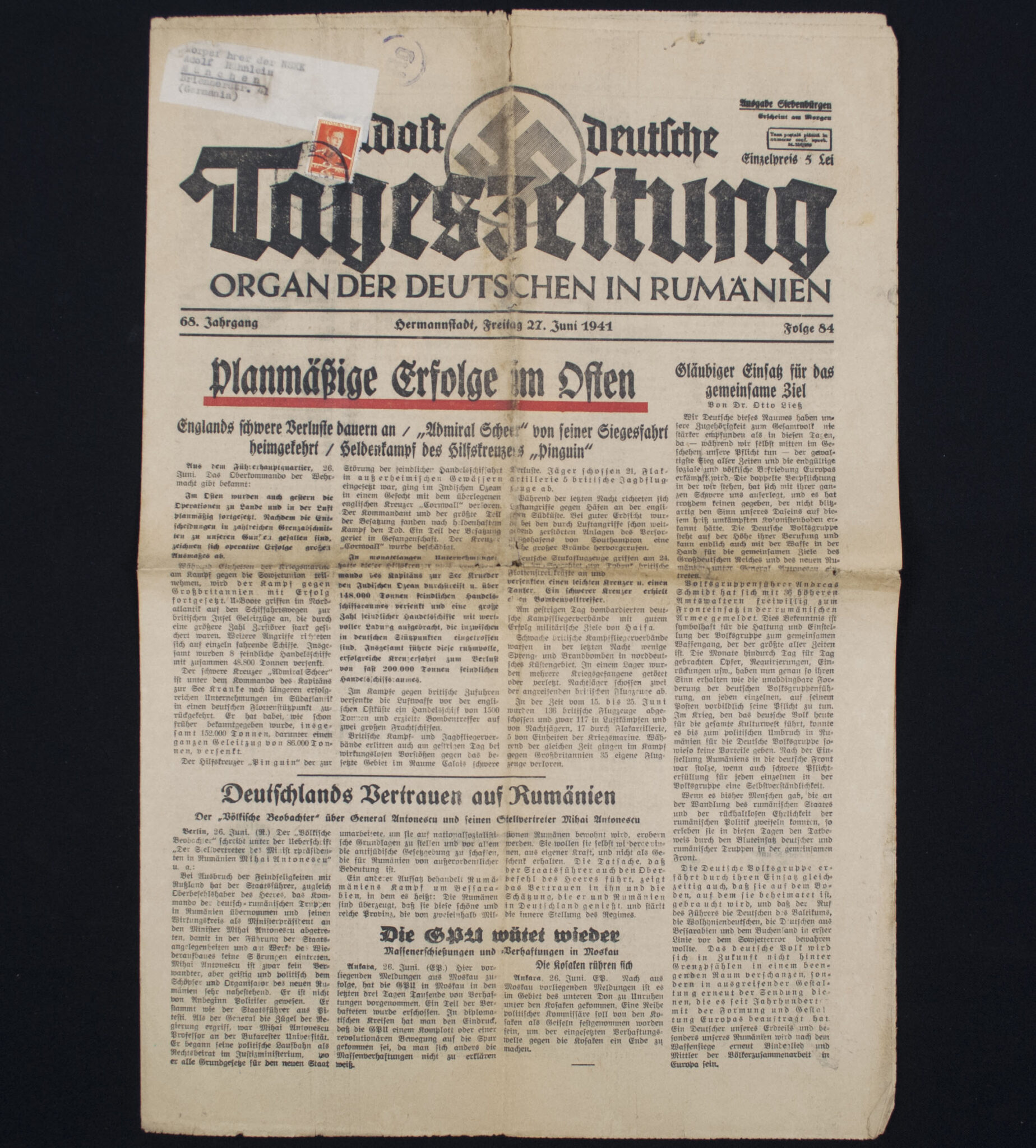 (Newspaper) Südost Deutsche Tageszeitung Organ der Deutschen in Rumanien (from personal possession of Korpsführer der NSKK Adolf Hühnlein)