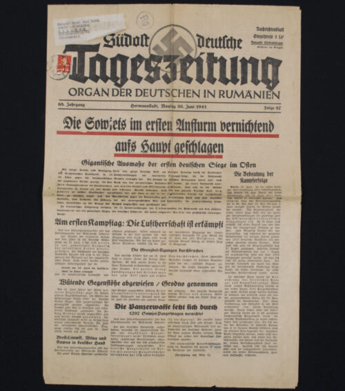 (Newspaper) Südost Deutsche Tageszeitung Organ der Deutschen in Rumanien (from personal possession of Korpsführer der NSKK Adolf Hühnlein)