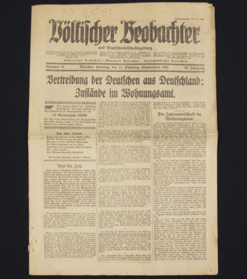 (Newspaper) Völkischer Beobachter – München 12. September (1920) – RARE
