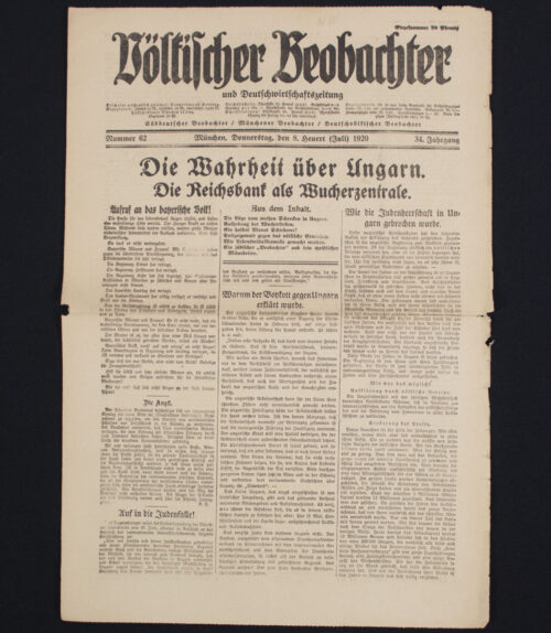 (Newspaper) Völkischer Beobachter - München 8. Juli (1920) - RARE