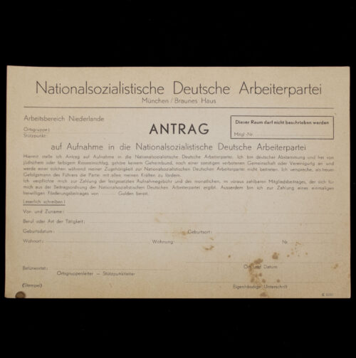 Nationalsozialistische Deutsche Arbeiterpartei MünchenBraunes Haus - Arbeitsbereich Niederlande Admission form (Rare!)