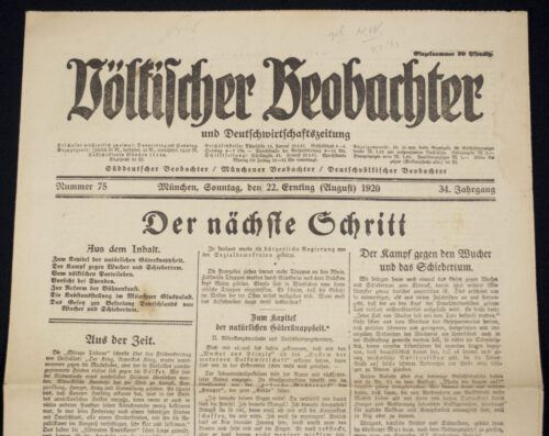 (Newspaper) Völkischer Beobachter – München 22. August (1920) – RARE