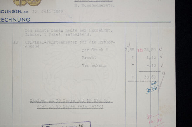Hitlerjugend (HJ) F. W. Höller Fabrik Blanker Waffen H.J. Fahrtenmesser order form (1940)
