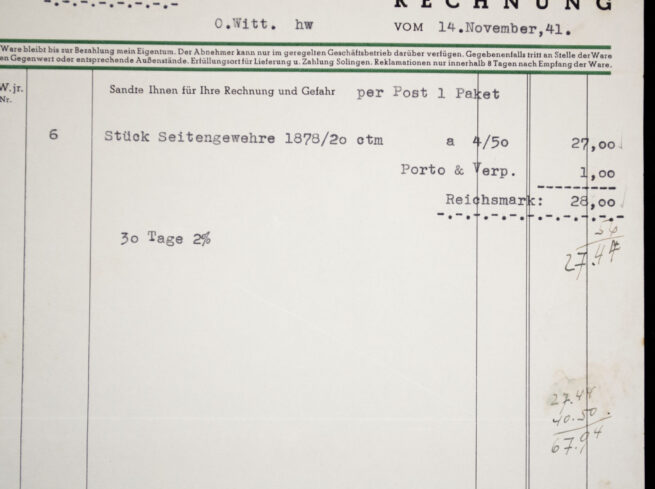 Anton Winger JR. Solingen Fabrik Feiner Stahlwaren u. Blanker Waffen - Seitengewehre order form (1941)