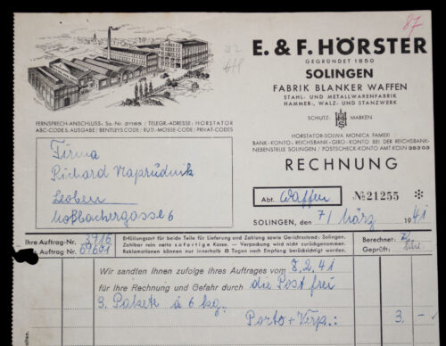 Hitlerjugend (HJ) E.&F. Hörster Solingen Fabrik Blanker Waffen H.J. Fahrtenmesser order form (1941)