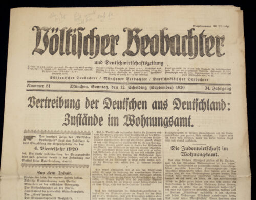 (Newspaper) Völkischer Beobachter – München 12. September (1920) – RARE
