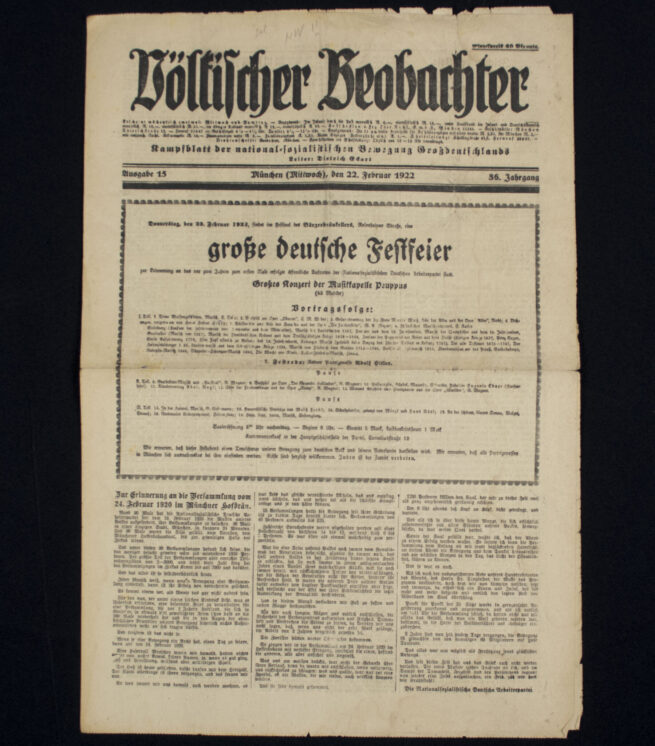 (Newspaper) Völkischer Beobachter – München 22. Februar (1922) – RARE