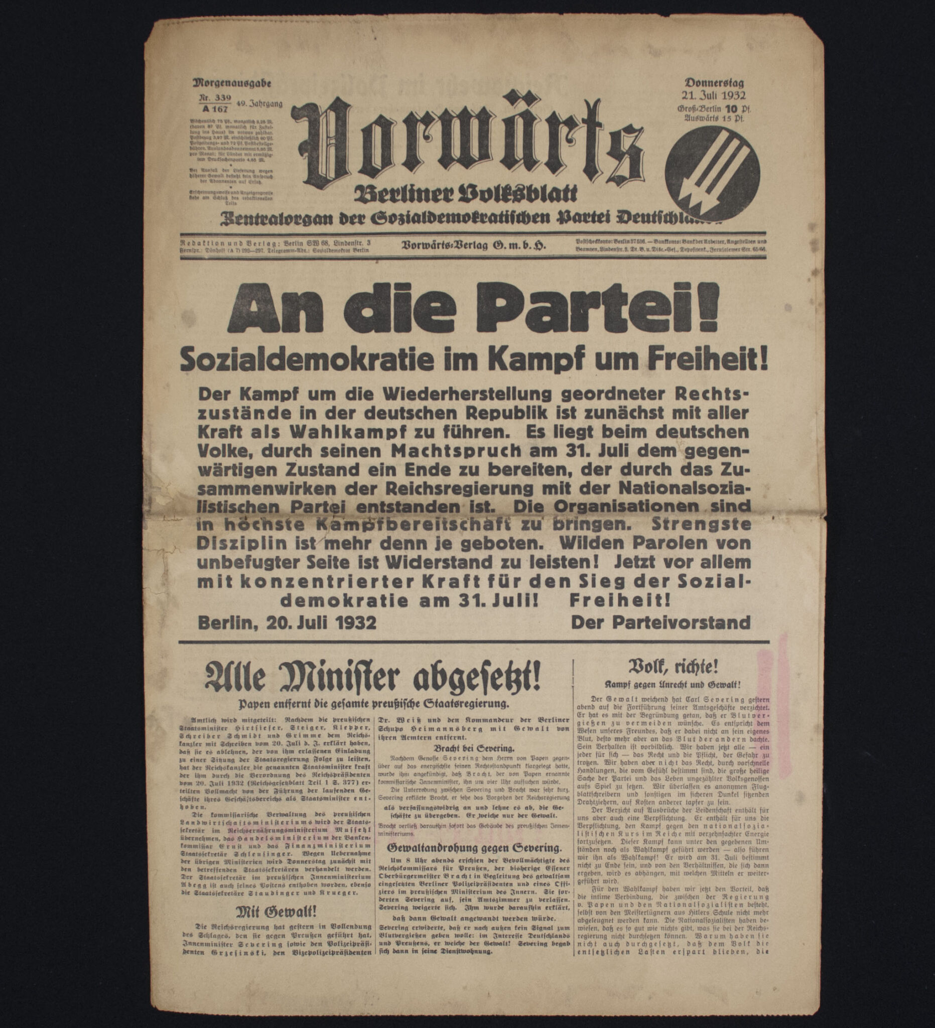 Newspaper) Vorwärts Berliner Volksblatt – Zentralorgan der