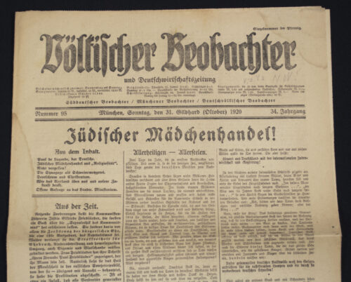 (Newspaper) Völkischer Beobachter – München 31. Oktober (1920) – RARE