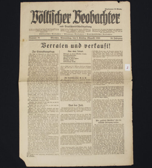 (Newspaper) Völkischer Beobachter – München 5. August (1920) – RARE