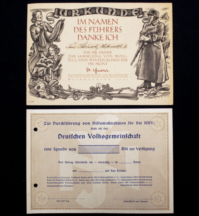 Two urkunden Wollpelz, und Wintersachen + NSV Spende citation