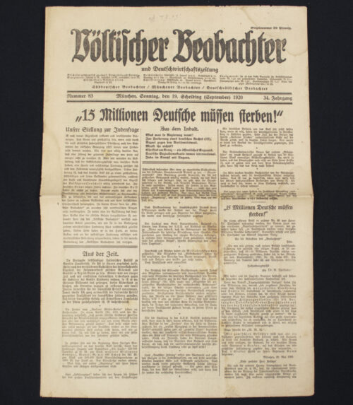 (Newspaper) Völkischer Beobachter – München 19. September (1920) – RARE