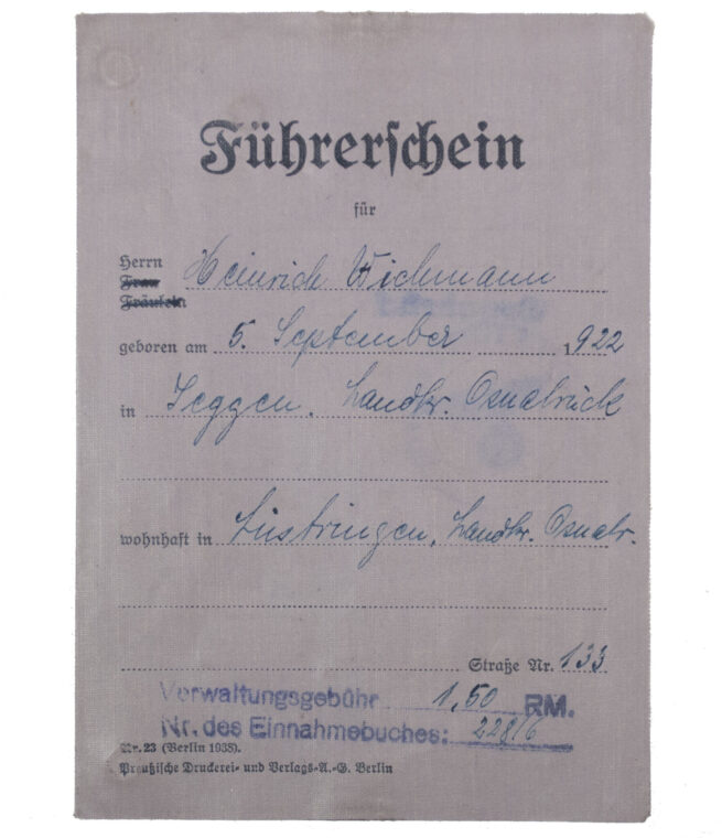 Führerschein with special Reichsfuhrer SS additional paper regarding Alcohol)