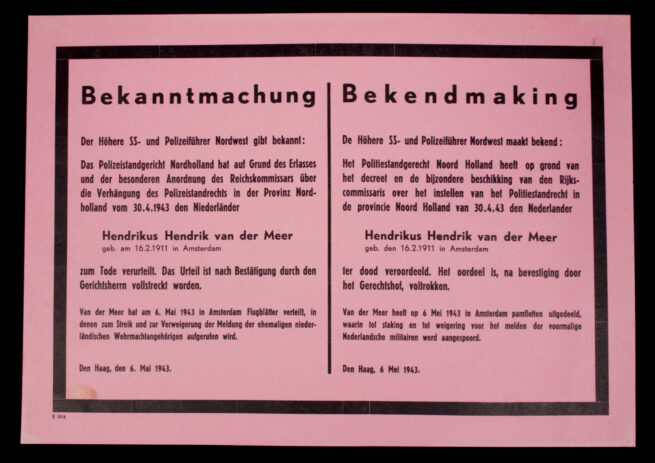 (Poster Dutch SS) Execution Hendrikus Hendrik van der Meer (1943) - Rare!