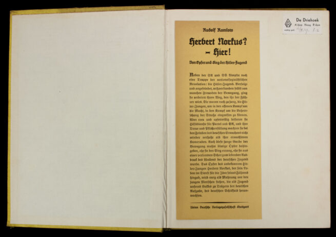 Book-Rudolf-Kamlow-Herbert-Norkus-Hier-Opfer-und-Sieg-der-Hitler-Jugend-1933-with-dutch-Driehoek-store-label-and-promotional-flyer-EXTREMELY-RARE
