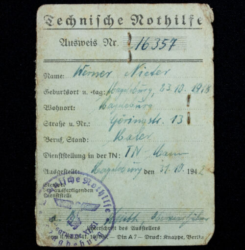 Technische Nothilfe Ausweis - Ortsgruppe Magdeburg (1942)