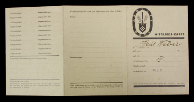 Reichsarbeitsdienst (RAD) Arbeitsdank Mitgliedskarte (1936)