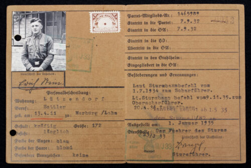 SA Ausweis (Gruppe Hessen. Brigade 148 Wetzlar. StandarteL Jäger 33.)