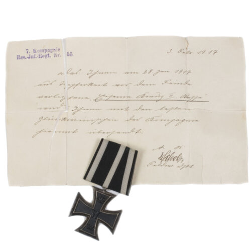 WWI Iron Cross second Class (EK2) Einzelspange single ribbon + awarding document from 7. Kompagnie Rs-Inf.-Regt. Nr. 55