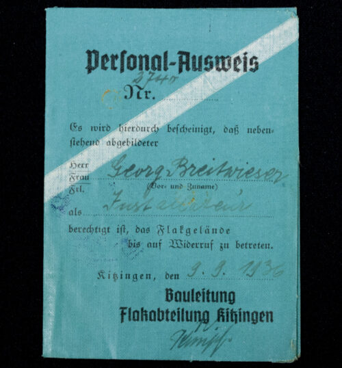 Bauleitung Flakabteilung Kitzingen Personal-Ausweis (1936)