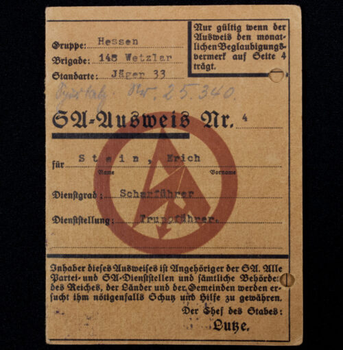 SA Ausweis (Gruppe Hessen. Brigade 148 Wetzlar. StandarteL Jäger 33.)