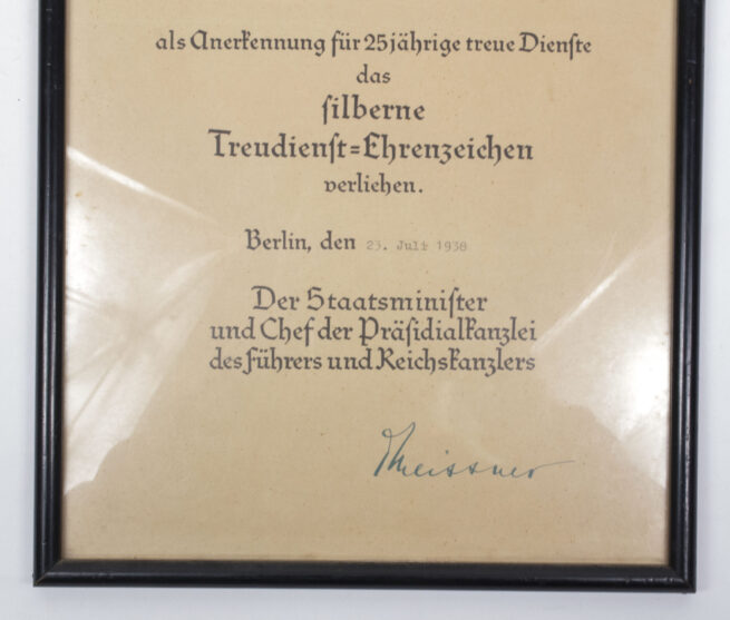 Citation-Urkunde-Framed-Silberne-Treue-Dienst-Ehrenzeichen-25-Jahre-Urkunde-1940