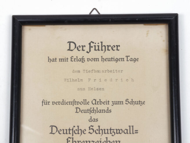 (Citation-Urkunde) Framed Deutsche Schutzwall Ehrenzeichen (1939)