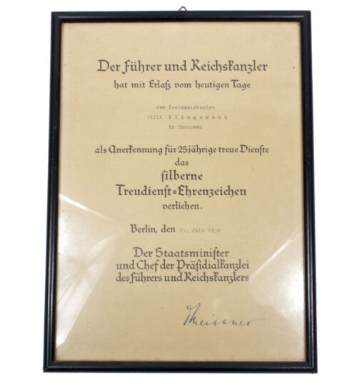 (Citation-Urkunde) Framed Silberne Treue Dienst Ehrenzeichen (25 Jahre) Urkunde (1938)