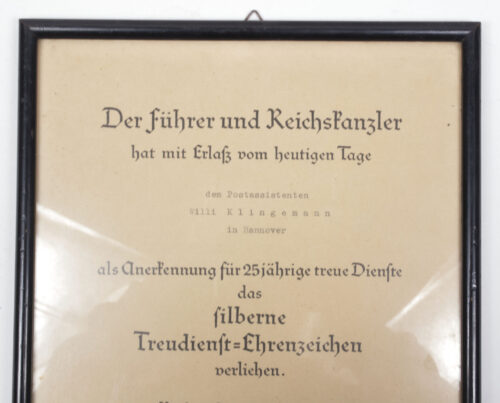 Citation-Urkunde-Framed-Silberne-Treue-Dienst-Ehrenzeichen-25-Jahre-Urkunde-1940