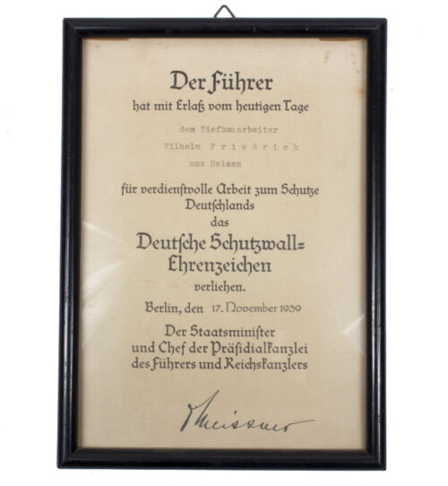 (Citation-Urkunde) Framed Deutsche Schutzwall Ehrenzeichen (1939)