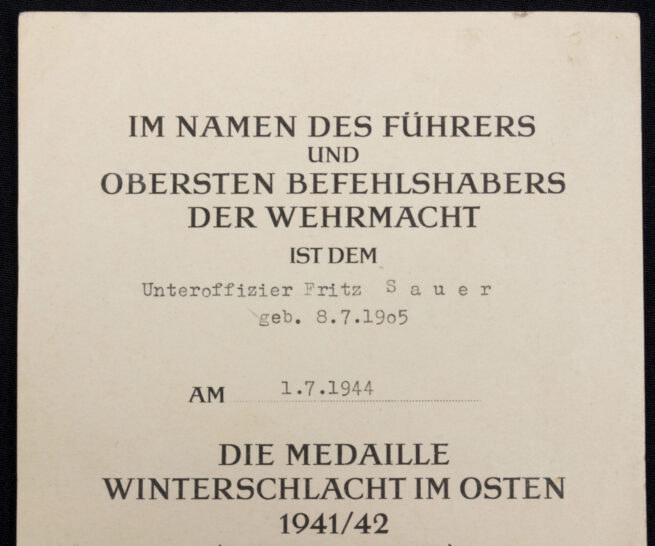 (Denmark) SSSD signed Ostmedaille Winterschlacht im Osten medaille MM “88” (Werner Redo) + citation
