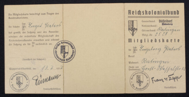 Reichskolonialbund Mitgliedsausweiss with stamps