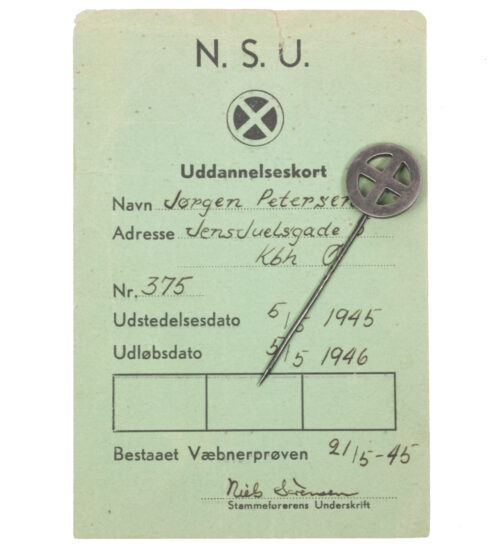 (Denmark) DNSAP National Socialistiske Ungdom (NSU) Uddanneleskort National Socialist Youth of the DNSAP schoolingcard + memberpin