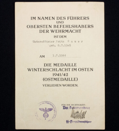 (Denmark) SSSD signed Ostmedaille Winterschlacht im Osten medaille MM “88” (Werner Redo) + citation