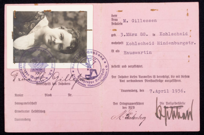 Reichsluftschutzbund-Ortsgruppe-Westkant-Ausweis-für-Hauswarte-1936