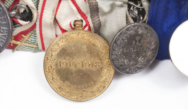 WWI Imperial German medalbar with EK2, FEK, Treue Dienste, Bulgarian bravery medal, Austrian + Romanian commemorative medals