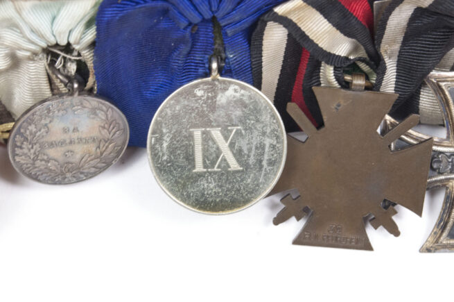 WWI Imperial German medalbar with EK2, FEK, Treue Dienste, Bulgarian bravery medal, Austrian + Romanian commemorative medals