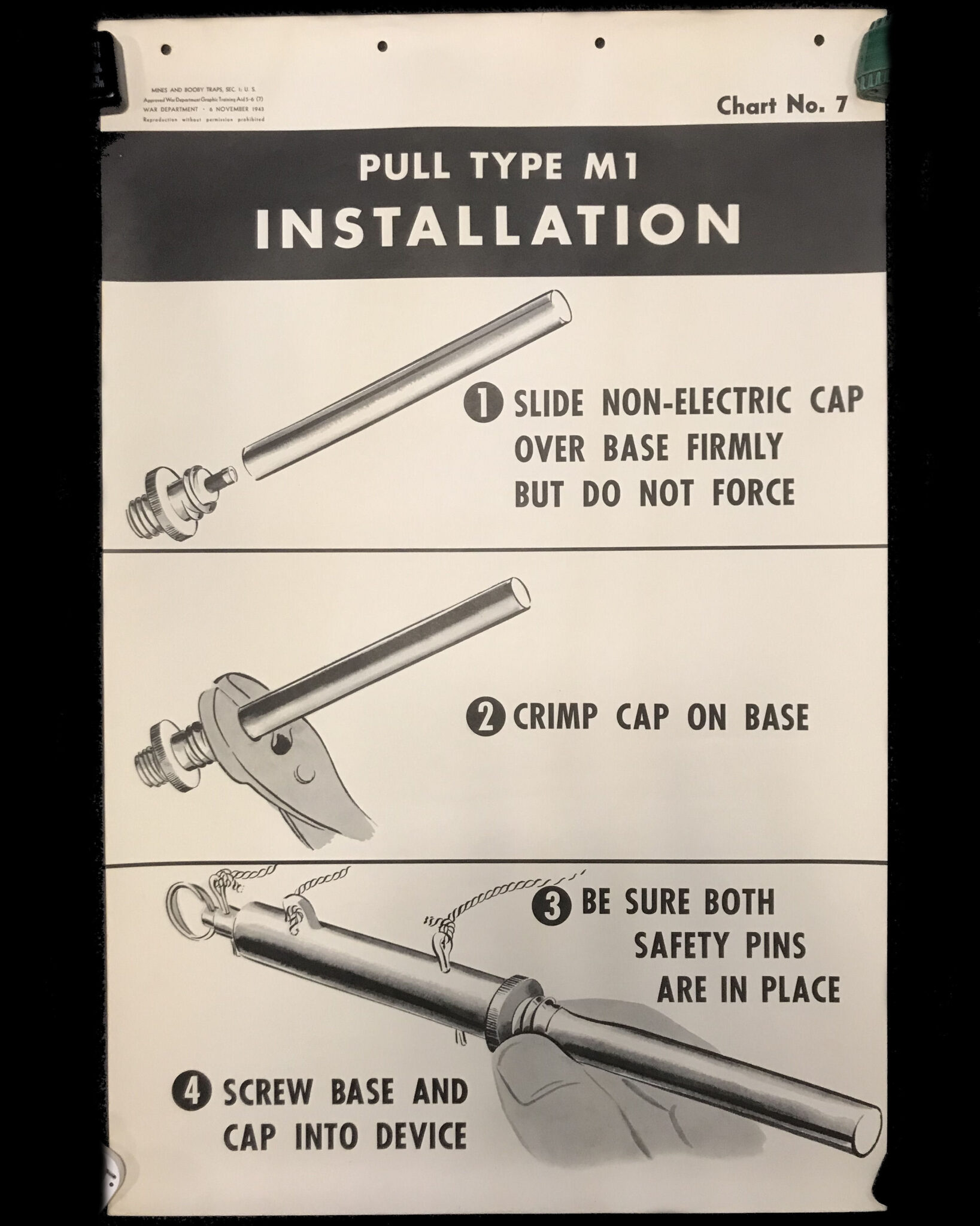 WWII USA Mines and Booby Traps Training aid poster “Pull Type M1  Installation”