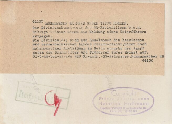 SS-Photo Hoffmann: Muselmanen Kämpfen gegen Tito's Horden (19 x 13,5 cm)