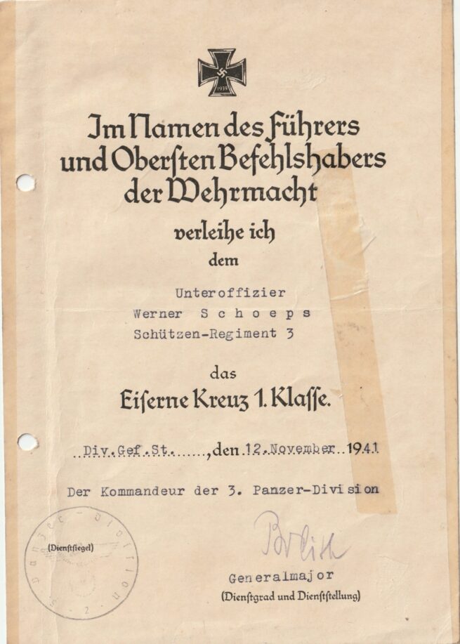 Eiserne Kreuz 1. Klasse (Ek1) Iron Cross first Class Urkunde (1941)