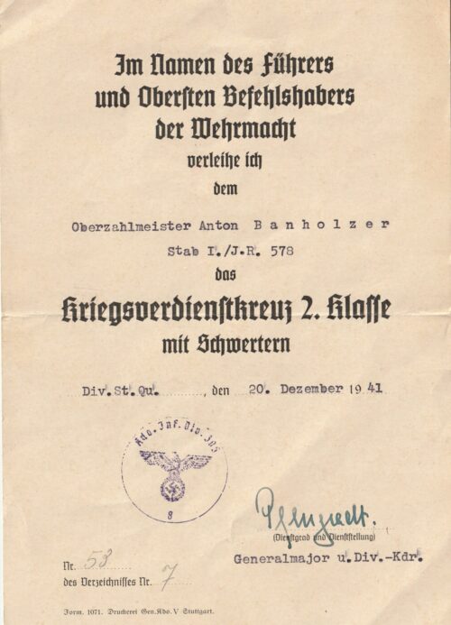 Kriegsverdienstkreuz 2. Klasse mit SChwertern Urkunde (1941)