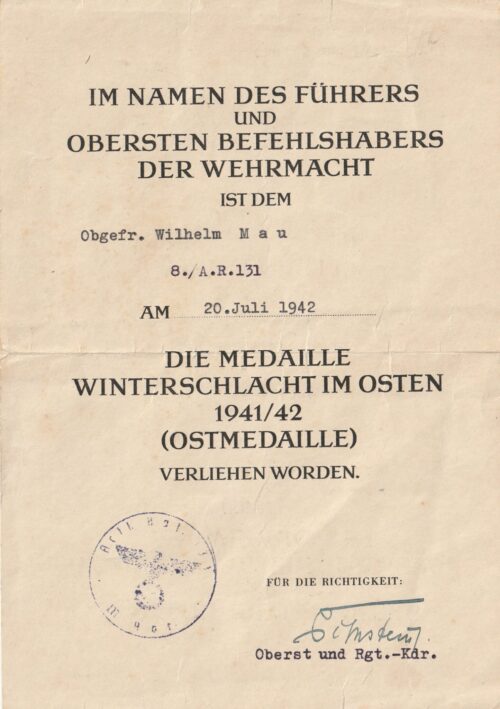 Medaille Winterschlacht im Osten Ostmedaille Urkunde (1942)
